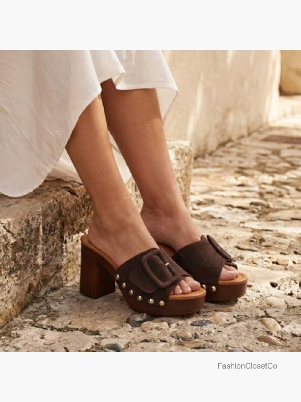 Women's Suede Platform Mules Chunky Block Heel Clogs Retro Studded Slides - Picture 2 of 7